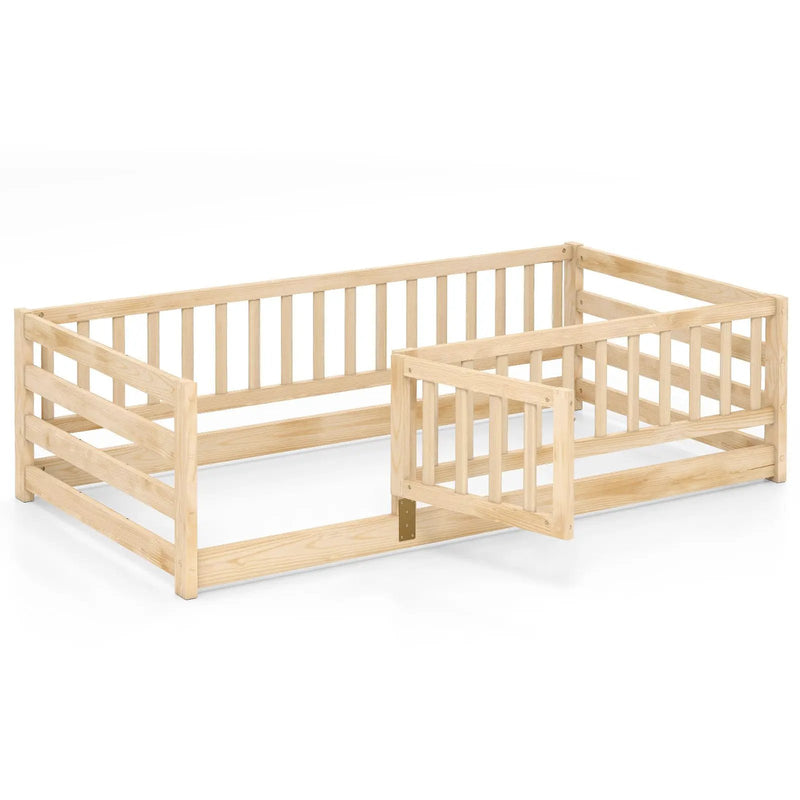 Twin Size Floor Bed with High Fence and Door Playhouse for Kids by DirectDeals