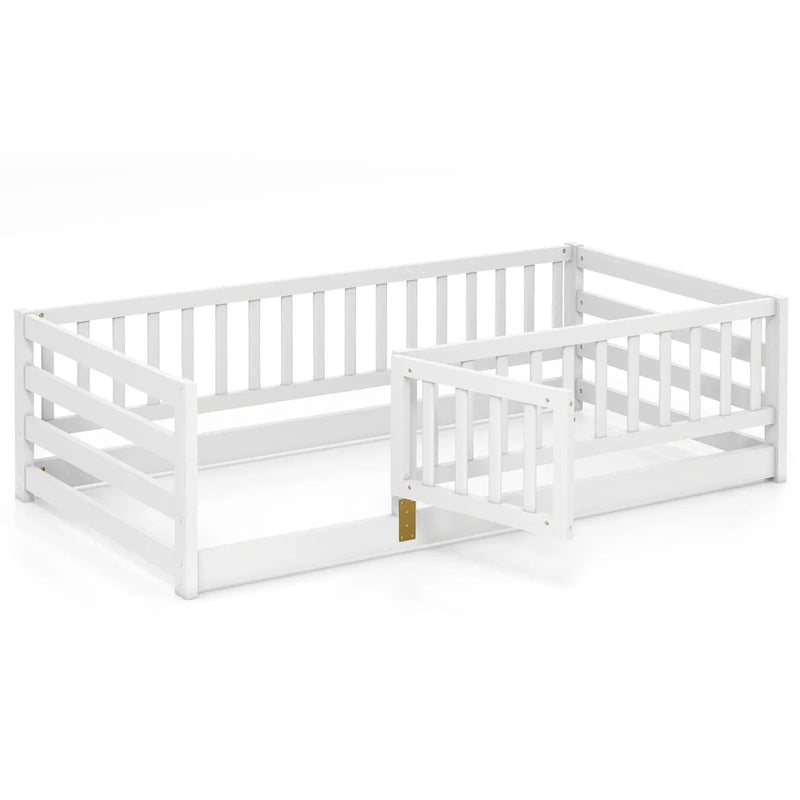 Twin Size Floor Bed with High Fence and Door Playhouse for Kids by DirectDeals
