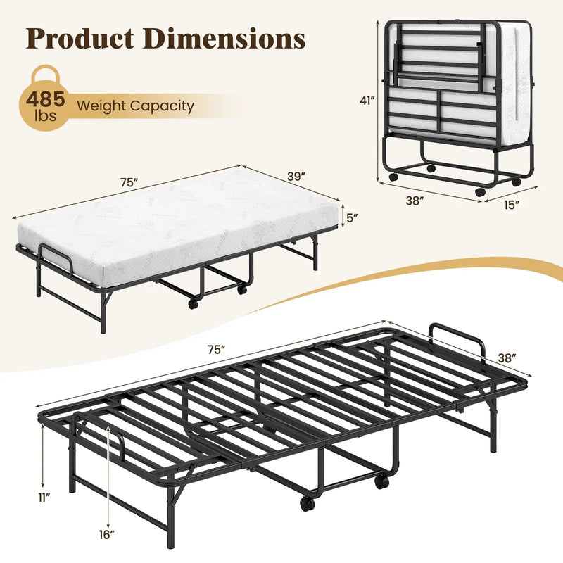 Twin Size Folding Bed with 5-Inch Mattress Rollaway Guest Bed with Memory Foam Mattress by DirectDeals
