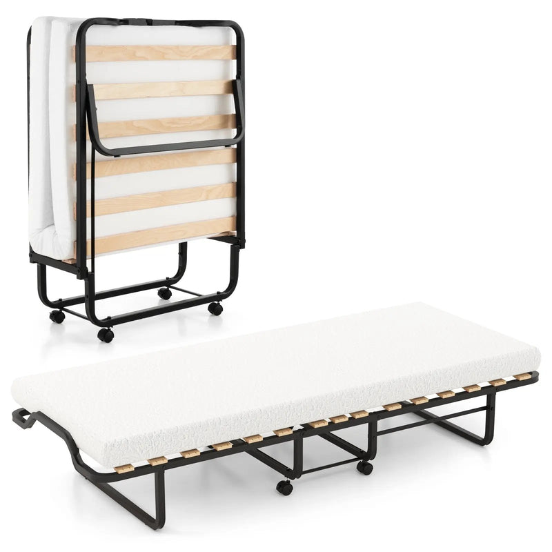 Twin Size Folding Bed with Foam Mattress and Lockable Wheels by DirectDeals