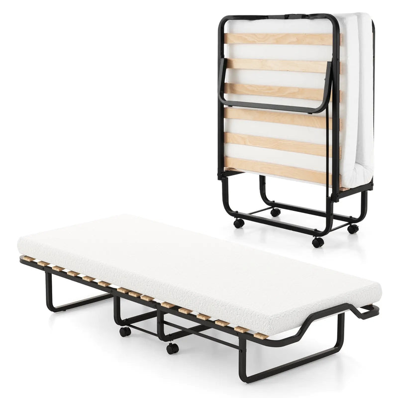 Twin Size Folding Bed with Foam Mattress and Lockable Wheels by DirectDeals