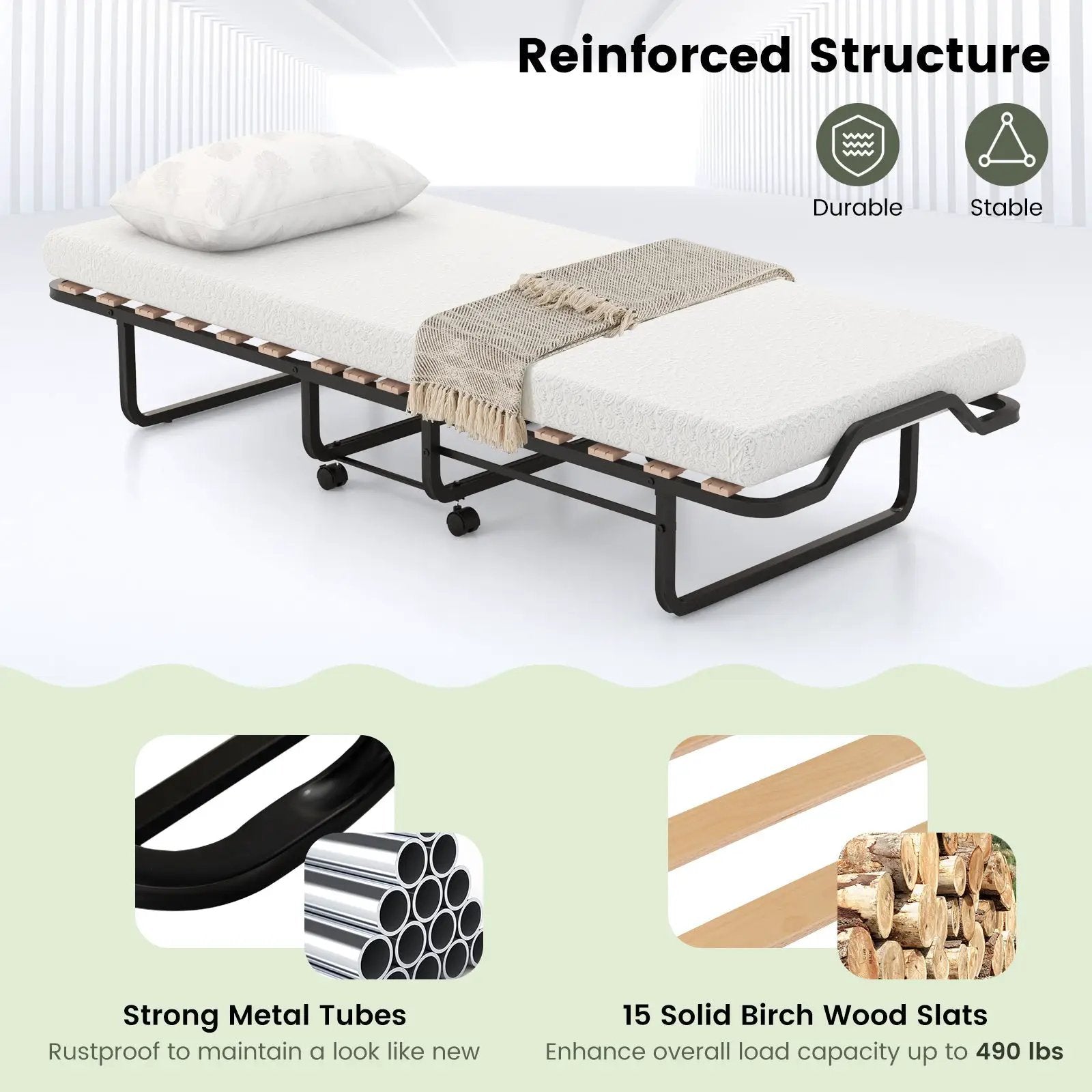 Twin Size Folding Bed with Foam Mattress and Lockable Wheels by DirectDeals