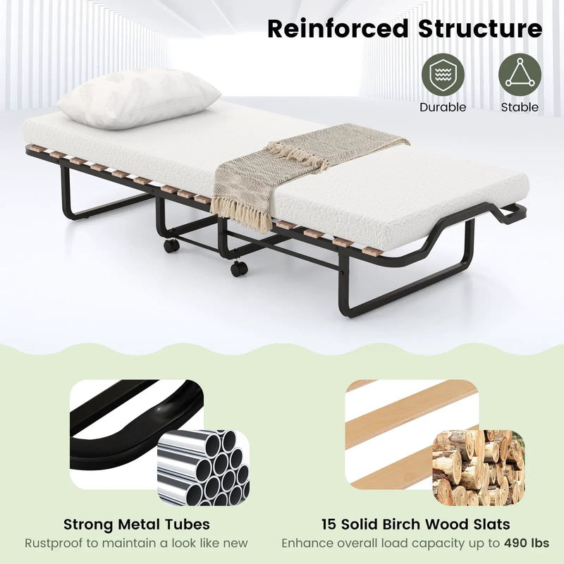 Twin Size Folding Bed with Foam Mattress and Lockable Wheels by DirectDeals
