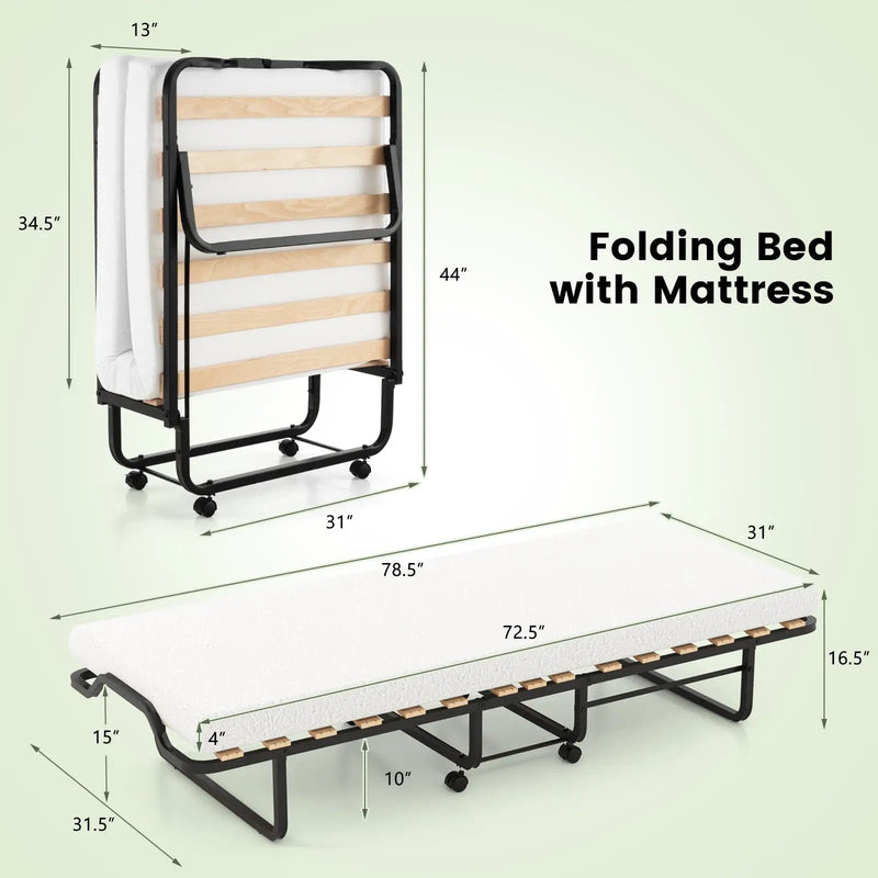 Twin Size Folding Bed with Foam Mattress and Lockable Wheels by DirectDeals