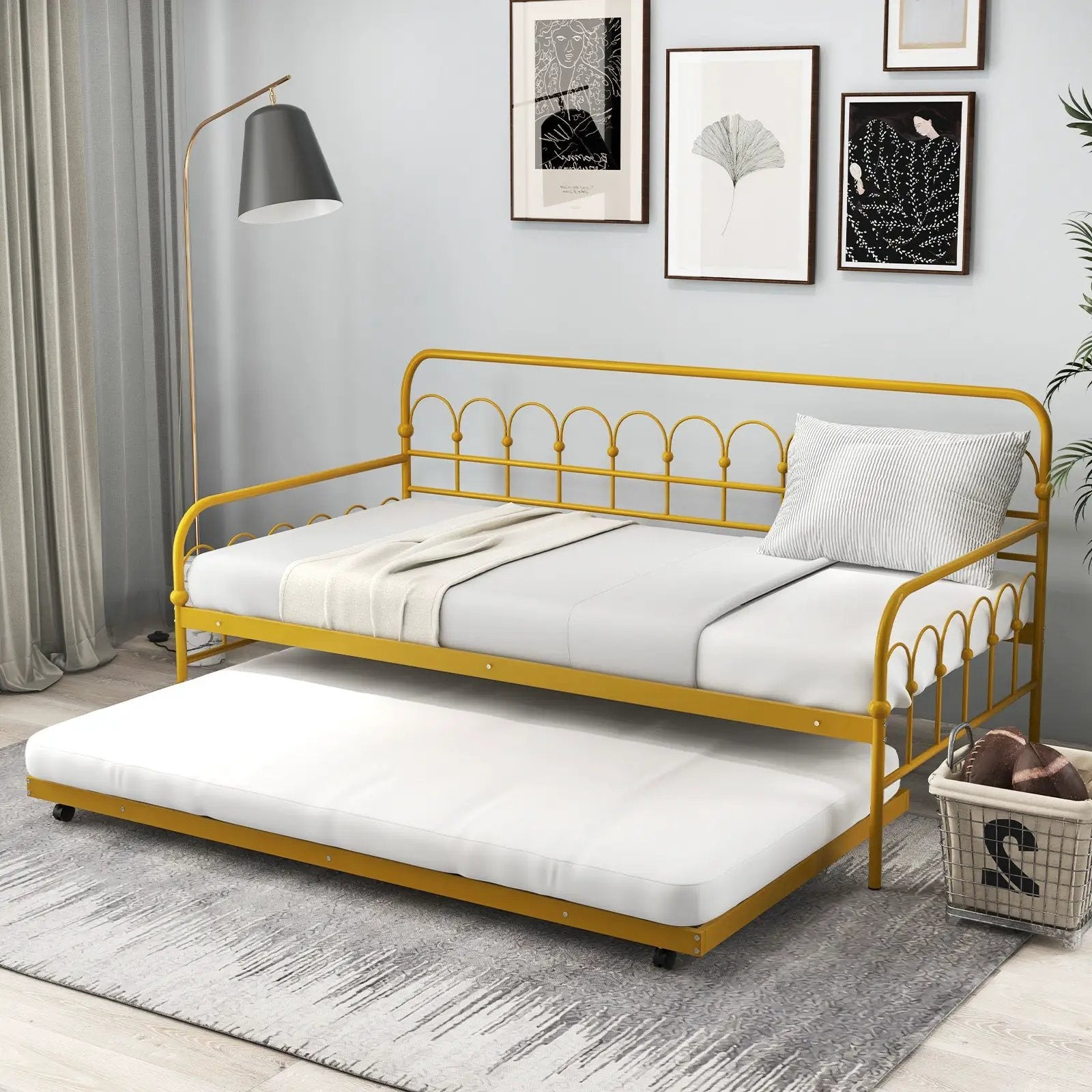Twin Size Golden Metal Daybed with Trundle and Lockable Wheels-Twin Size by DirectDeals