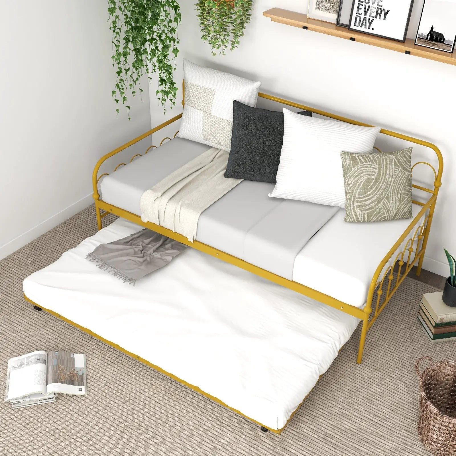 Twin Size Golden Metal Daybed with Trundle and Lockable Wheels-Twin Size by DirectDeals