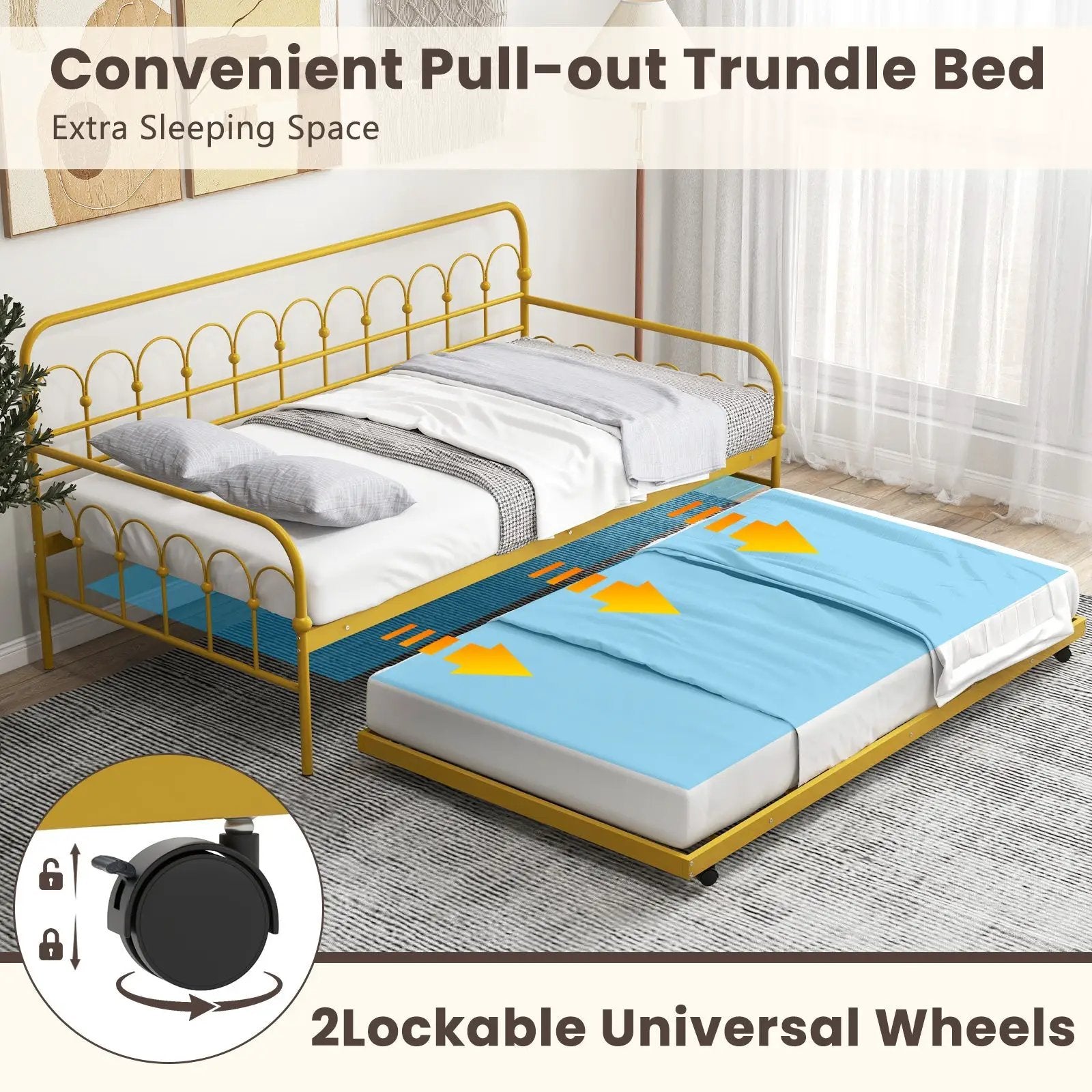 Twin Size Golden Metal Daybed with Trundle and Lockable Wheels-Twin Size by DirectDeals