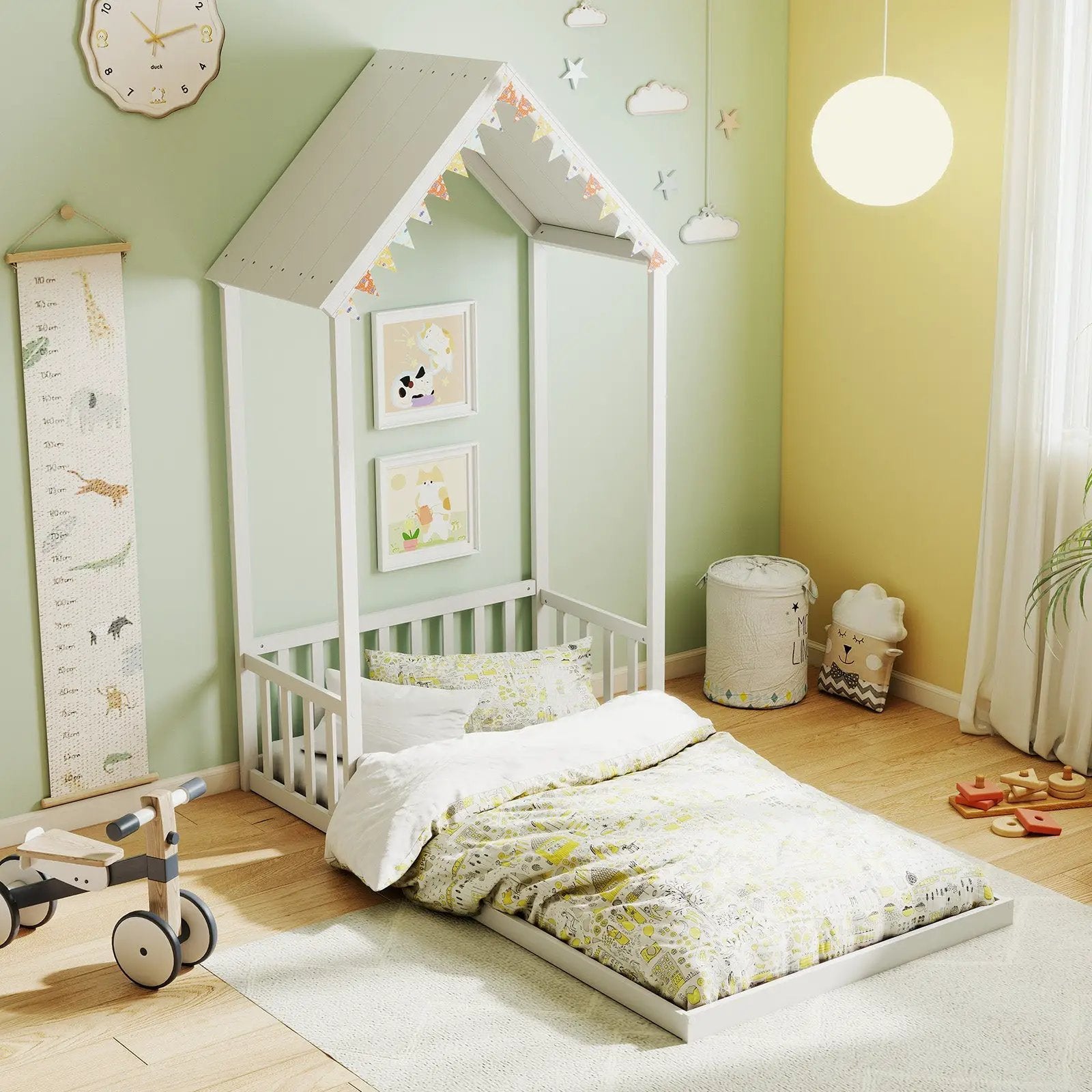 Twin Size House Bed with House Shape Roof and Semi-Fence by DirectDeals
