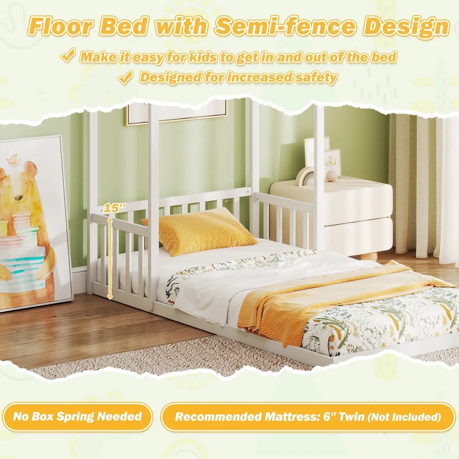Twin Size House Bed with House Shape Roof and Semi-Fence by DirectDeals