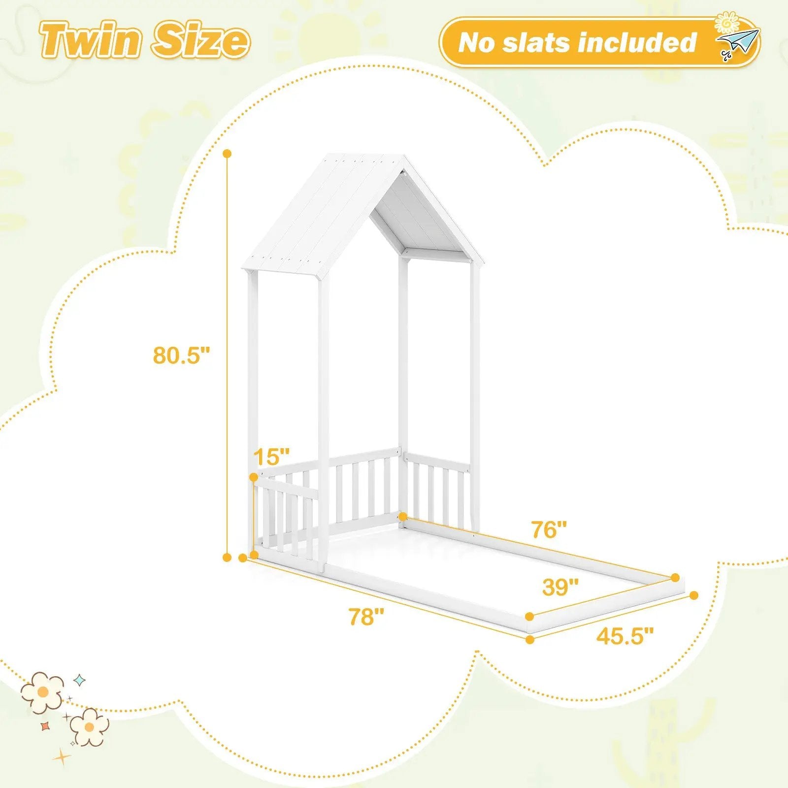 Twin Size House Bed with House Shape Roof and Semi-Fence by DirectDeals
