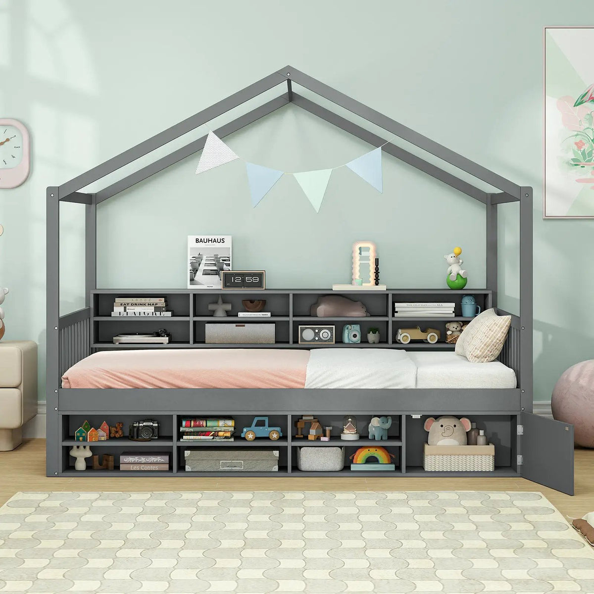 Twin Size House Bed with Roof with 14 Storage Cubes and Enclosed Cabinet, photo 2 of 9
