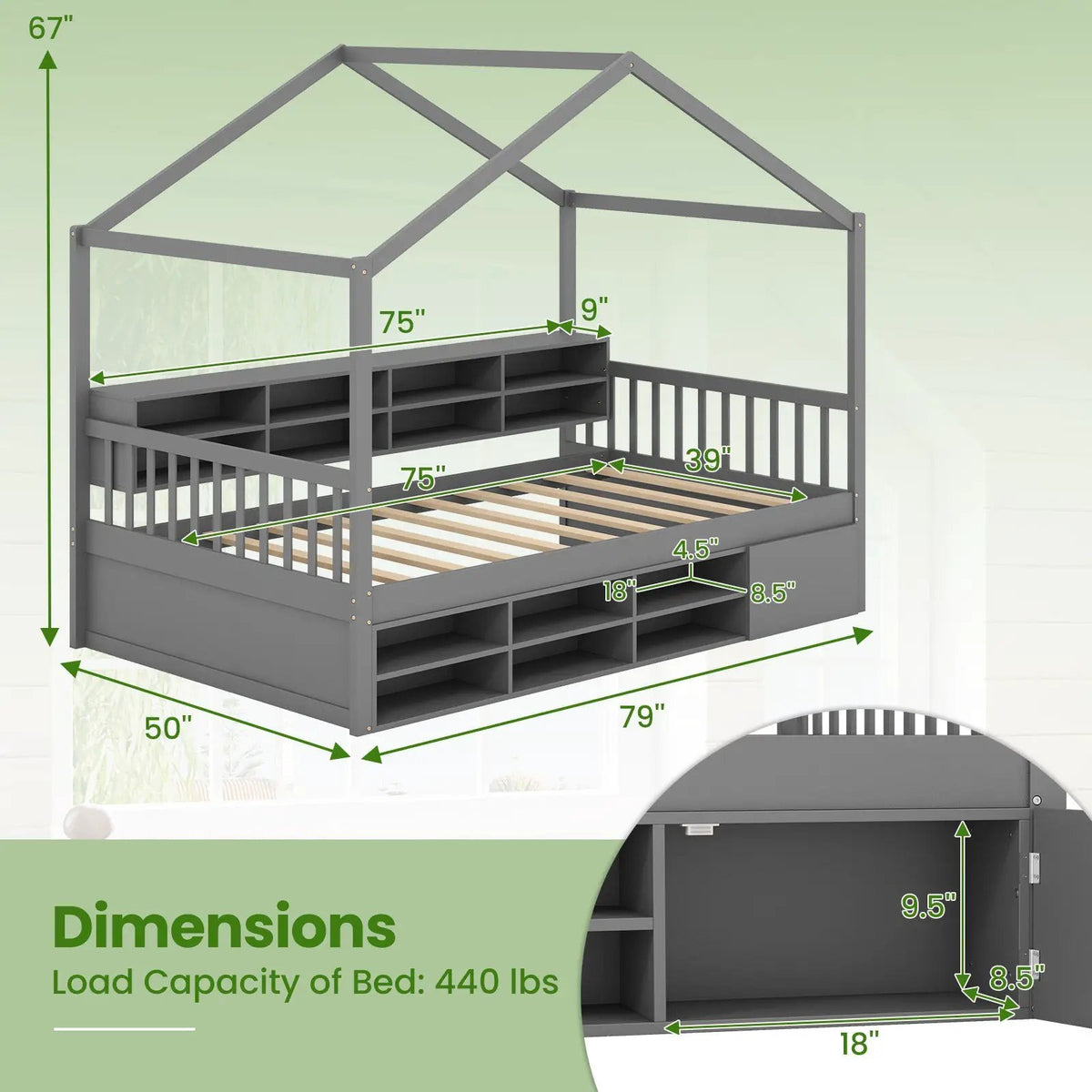 Twin Size House Bed with Roof with 14 Storage Cubes and Enclosed Cabinet, photo 4 of 9
