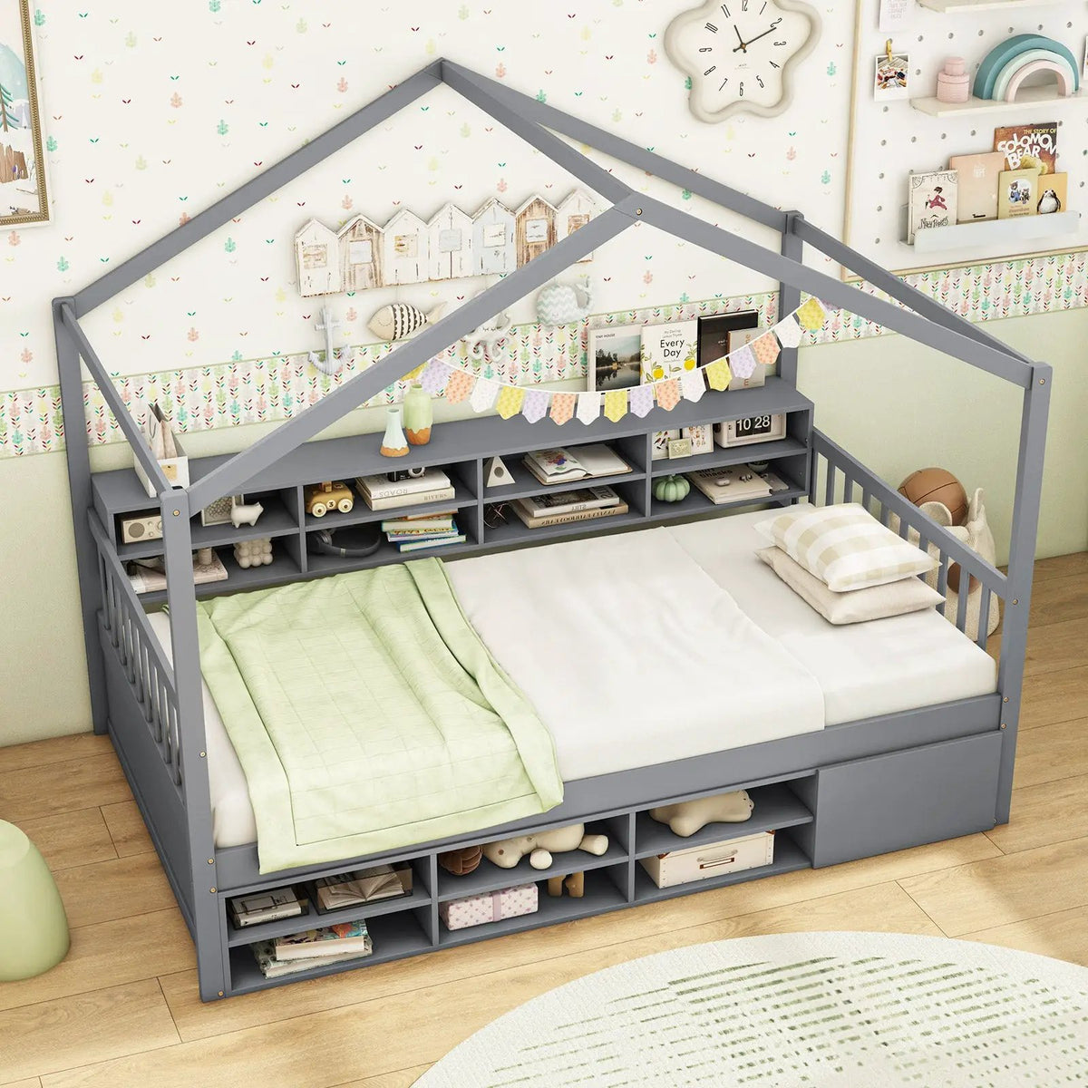 Twin Size House Bed with Roof with 14 Storage Cubes and Enclosed Cabinet, photo 5 of 9