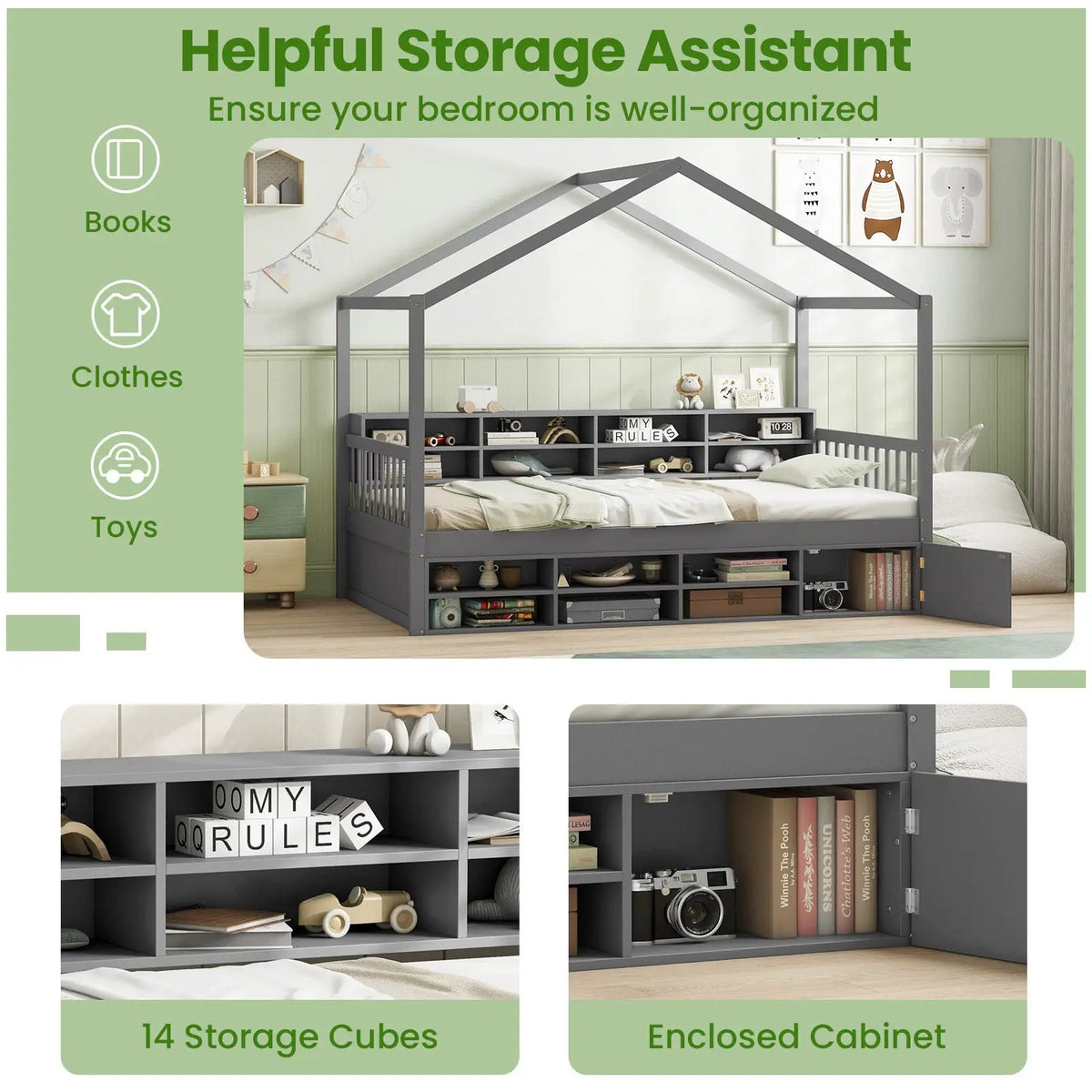Twin Size House Bed with Roof with 14 Storage Cubes and Enclosed Cabinet, photo 8 of 9