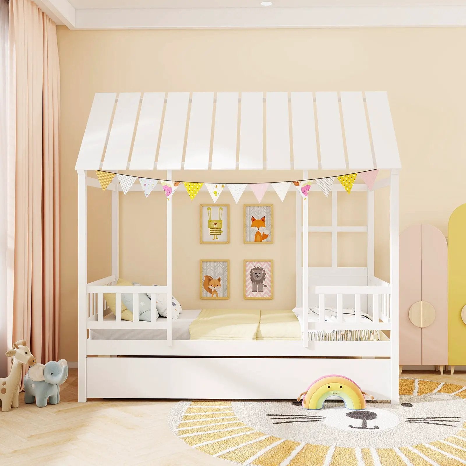 Twin Size House Bed with Trundle Kids Platform Bed with Roof Window-White by DirectDeals