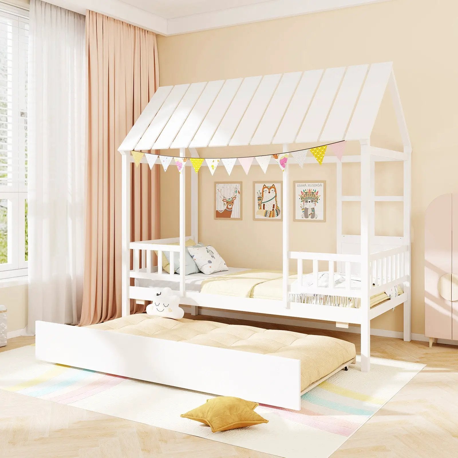 Twin Size House Bed with Trundle Kids Platform Bed with Roof Window-White by DirectDeals