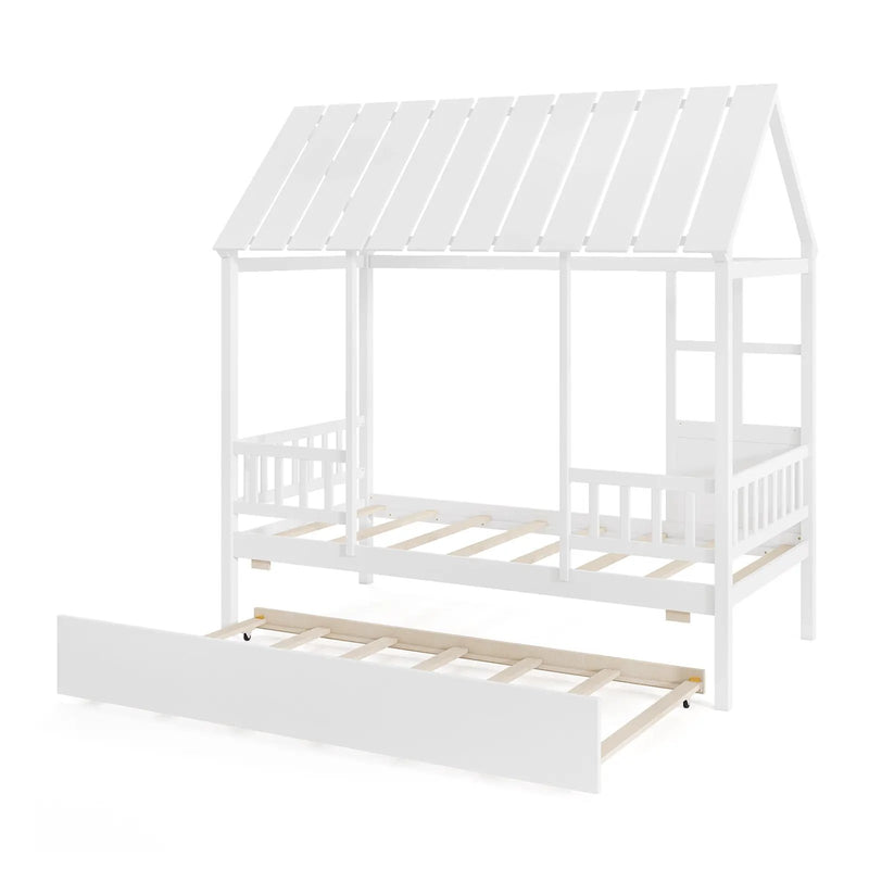 Twin Size House Bed with Trundle Kids Platform Bed with Roof Window-White by DirectDeals