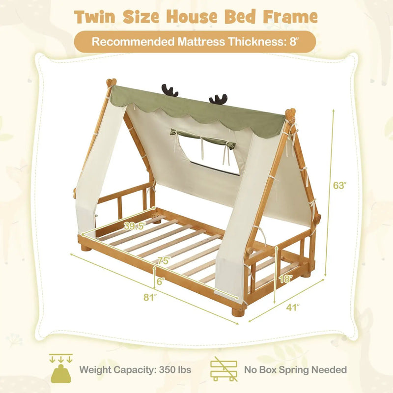 Twin Size House Floor Wood Bed with Tent by DirectDeals