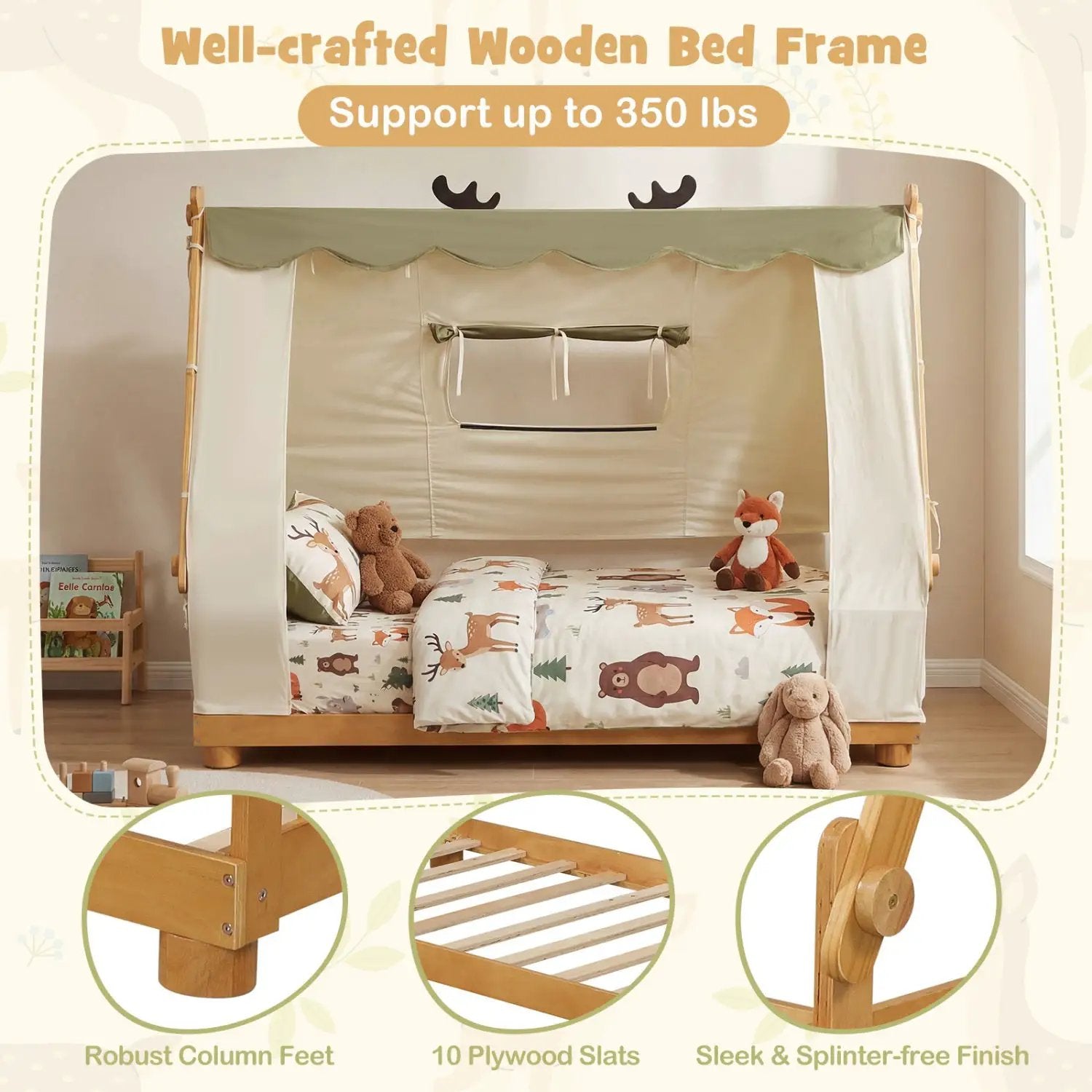 Twin Size House Floor Wood Bed with Tent by DirectDeals