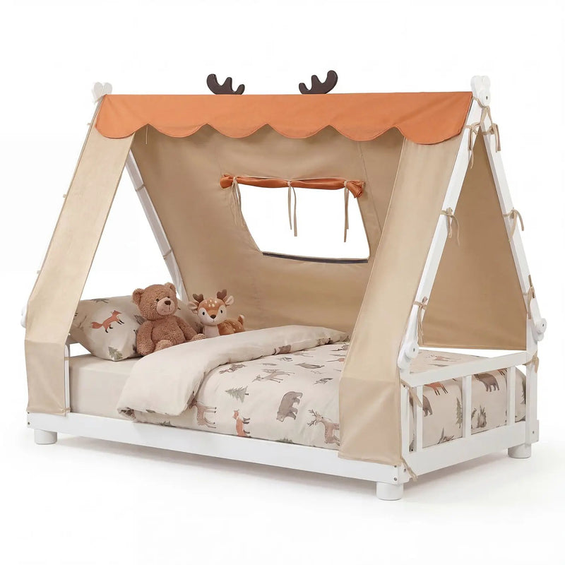 Twin Size House Floor Wood Bed with Tent by DirectDeals