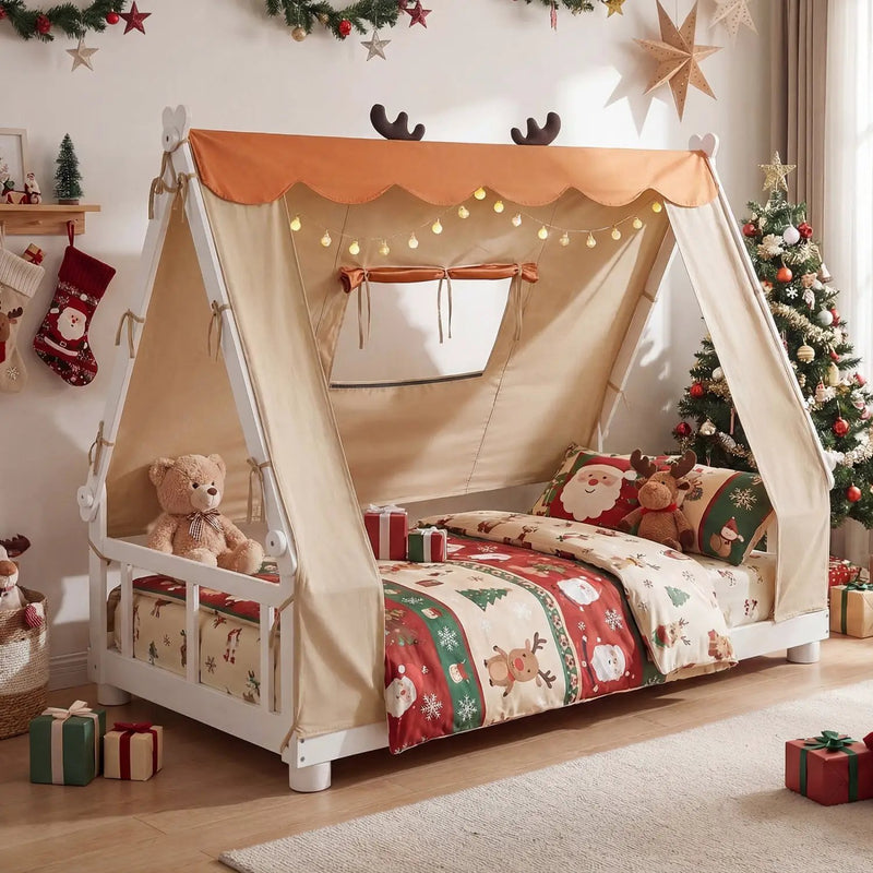 Twin Size House Floor Wood Bed with Tent by DirectDeals