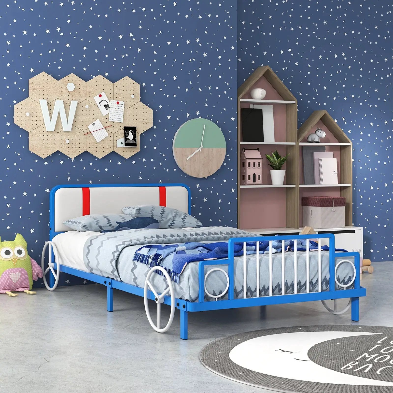 Twin Size Kids Bed Frame Car Shaped Metal Platform Bed with Upholstered Headboard by DirectDeals