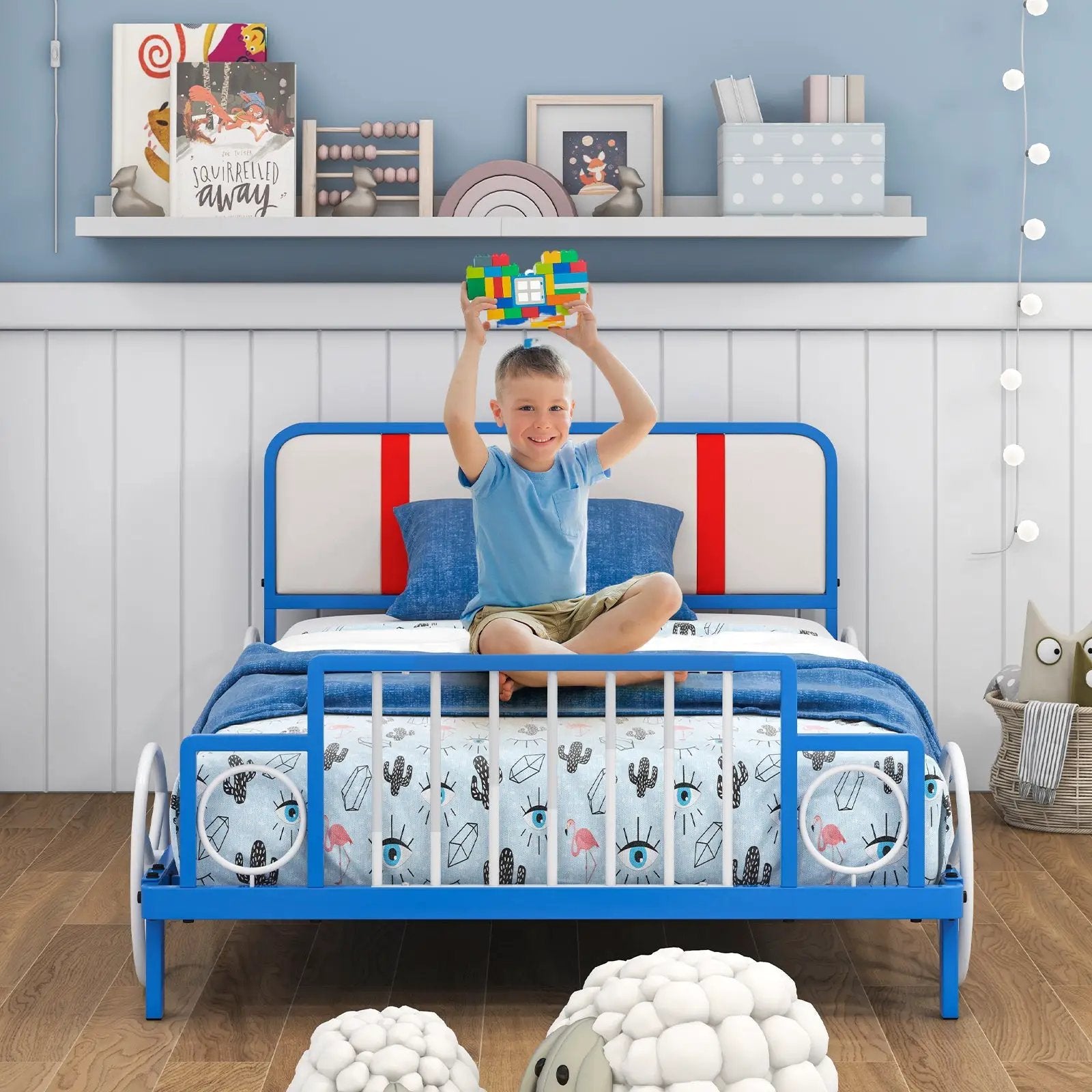 Twin Size Kids Bed Frame Car Shaped Metal Platform Bed with Upholstered Headboard by DirectDeals