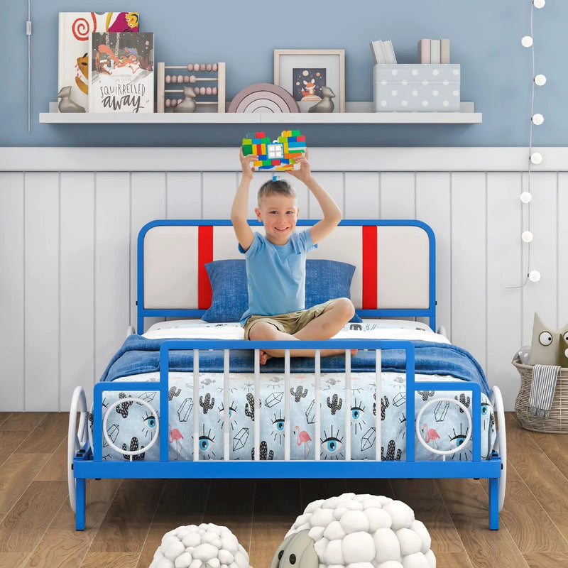 Twin Size Kids Bed Frame Car Shaped Metal Platform Bed with Upholstered Headboard by DirectDeals