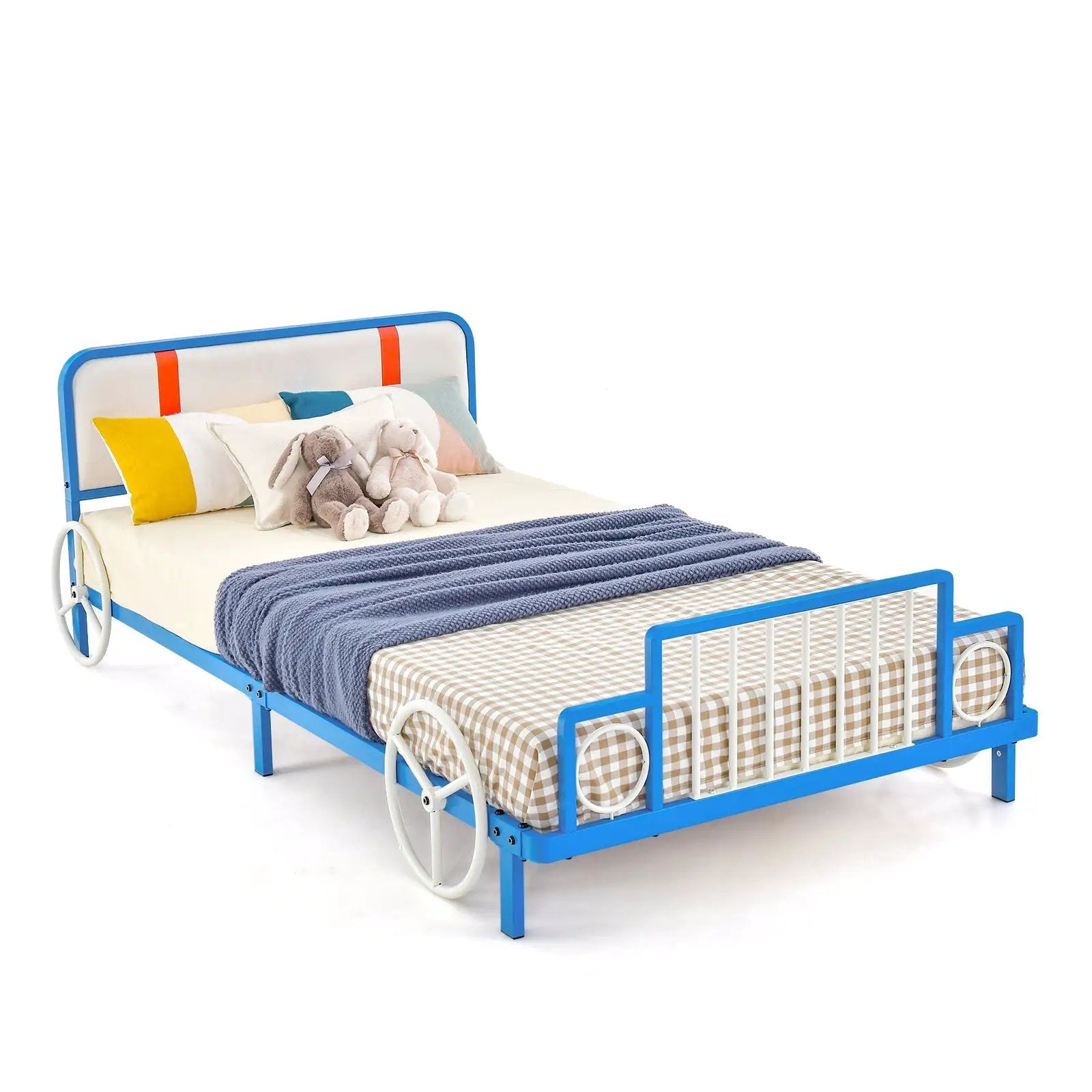 Twin Size Kids Bed Frame Car Shaped Metal Platform Bed with Upholstered Headboard by DirectDeals