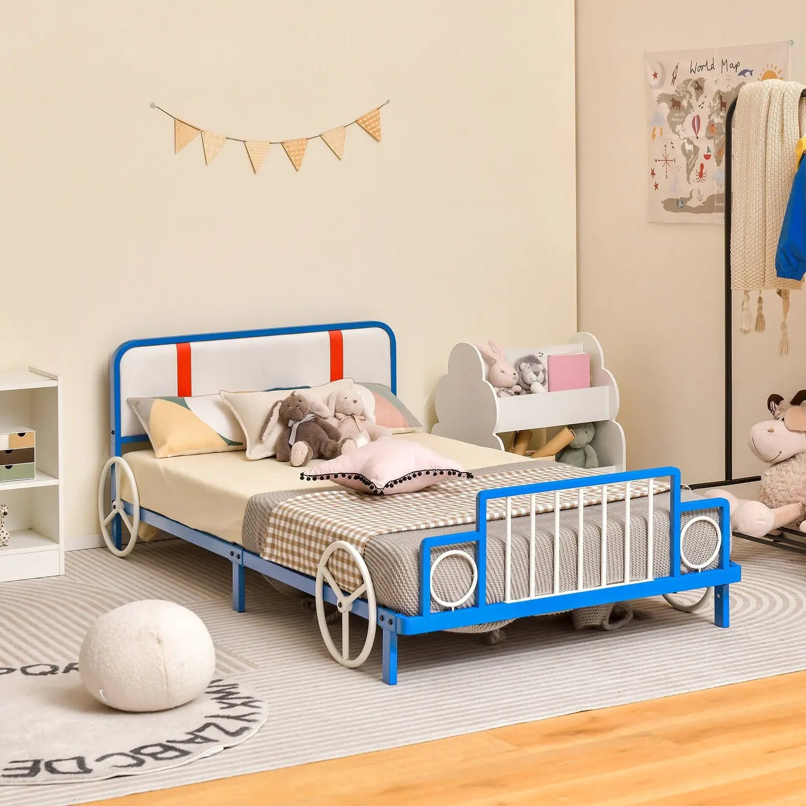 Twin Size Kids Bed Frame Car Shaped Metal Platform Bed with Upholstered Headboard by DirectDeals