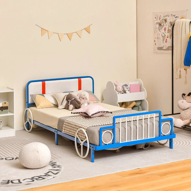 Twin Size Kids Bed Frame Car Shaped Metal Platform Bed with Upholstered Headboard by DirectDeals