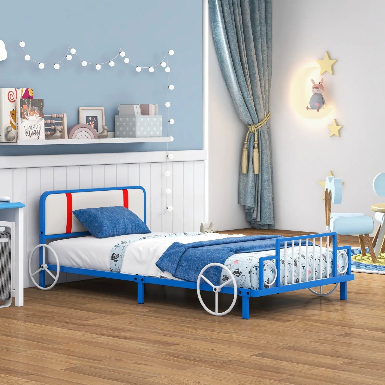 Twin Size Kids Bed Frame Car Shaped Metal Platform Bed with Upholstered Headboard by DirectDeals