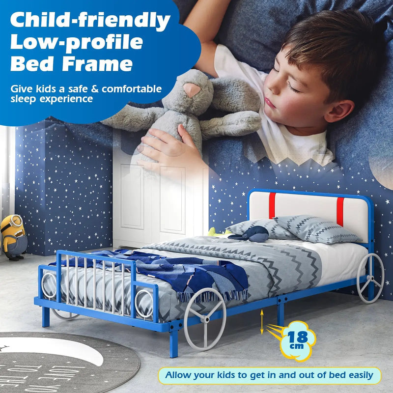Twin Size Kids Bed Frame Car Shaped Metal Platform Bed with Upholstered Headboard by DirectDeals