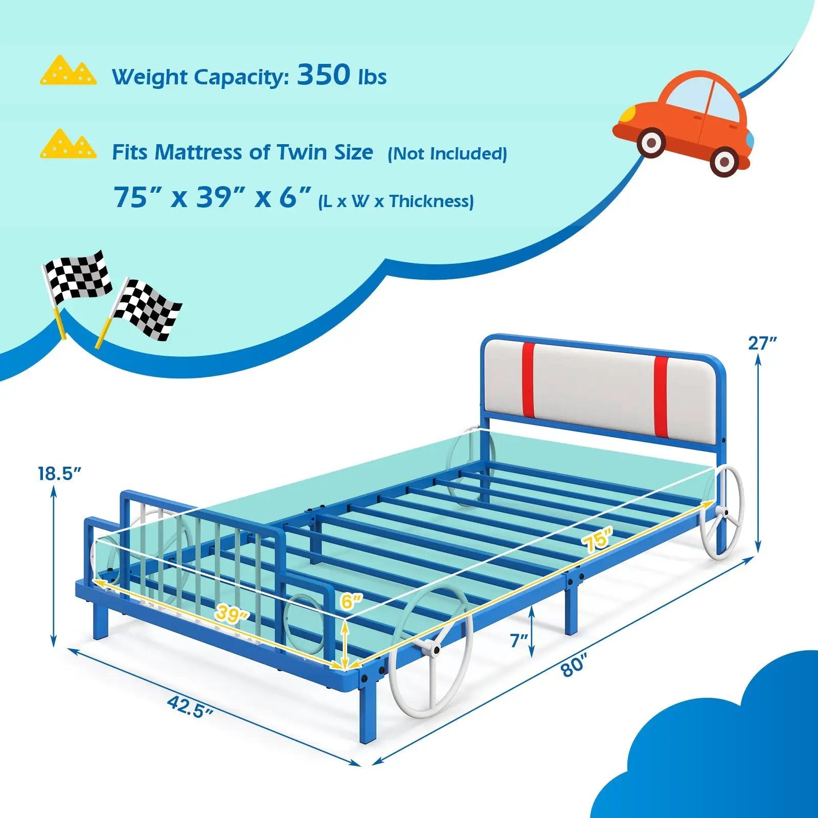 Twin Size Kids Bed Frame Car Shaped Metal Platform Bed with Upholstered Headboard by DirectDeals