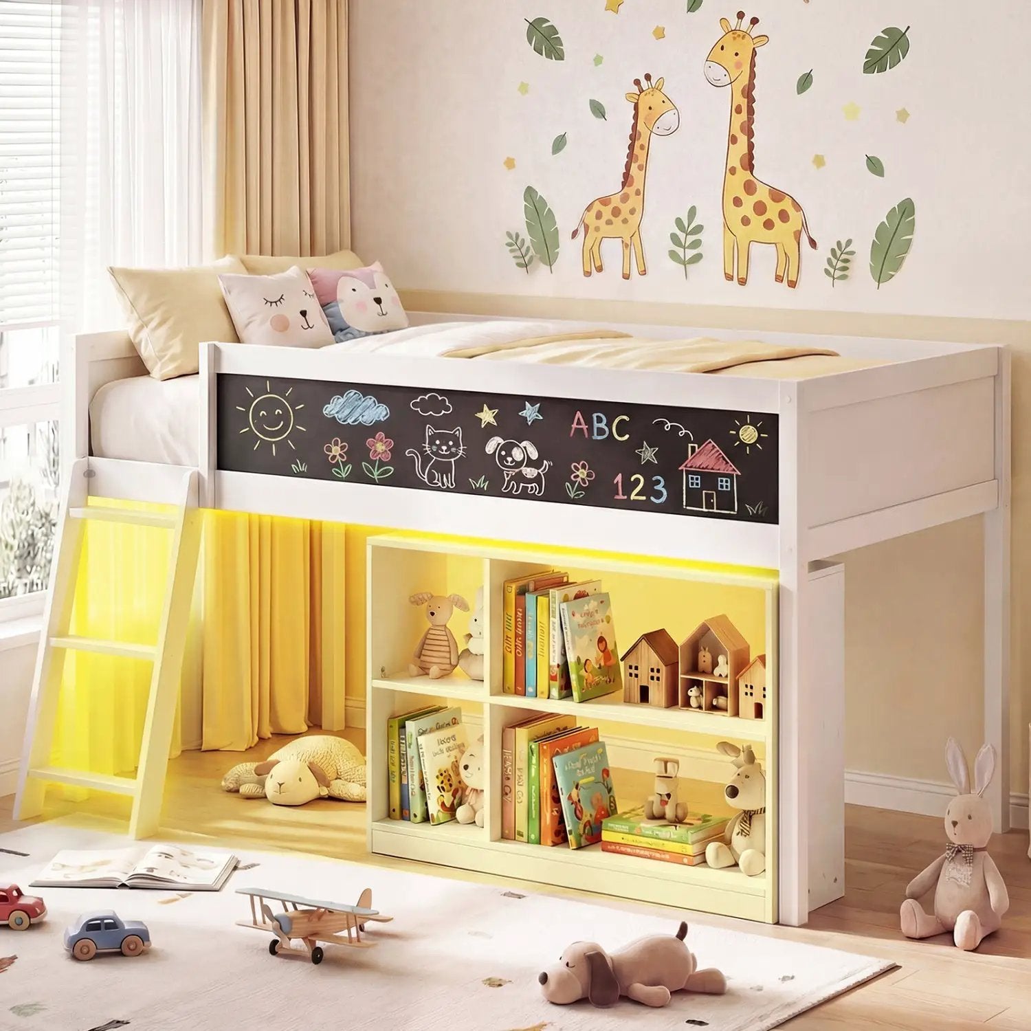 Twin Size Kids Loft Bed with LED Lights and Removable Bookcase by DirectDeals