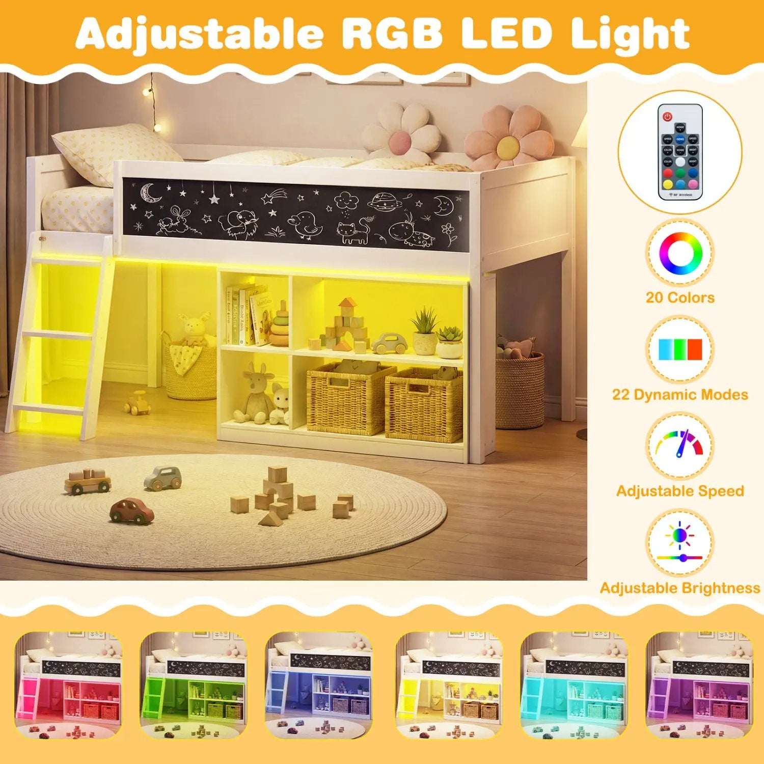 Twin Size Kids Loft Bed with LED Lights and Removable Bookcase by DirectDeals