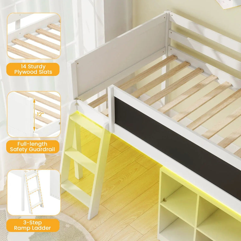 Twin Size Kids Loft Bed with LED Lights and Removable Bookcase by DirectDeals