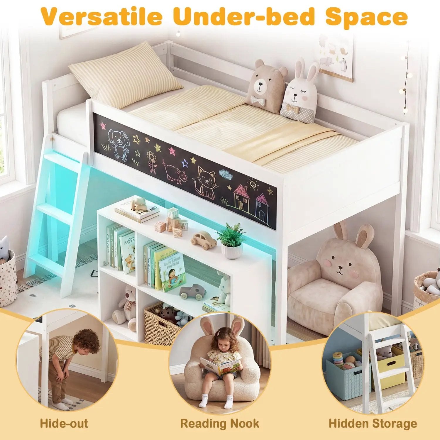 Twin Size Kids Loft Bed with LED Lights and Removable Bookcase by DirectDeals