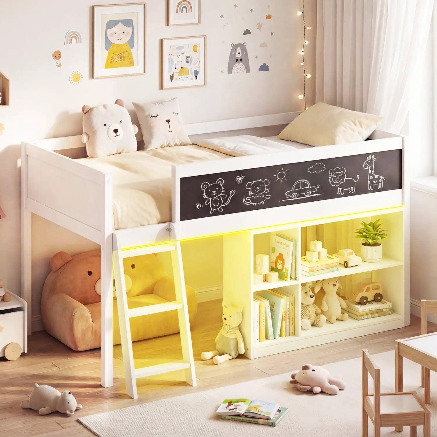 Twin Size Kids Loft Bed with LED Lights and Removable Bookcase by DirectDeals