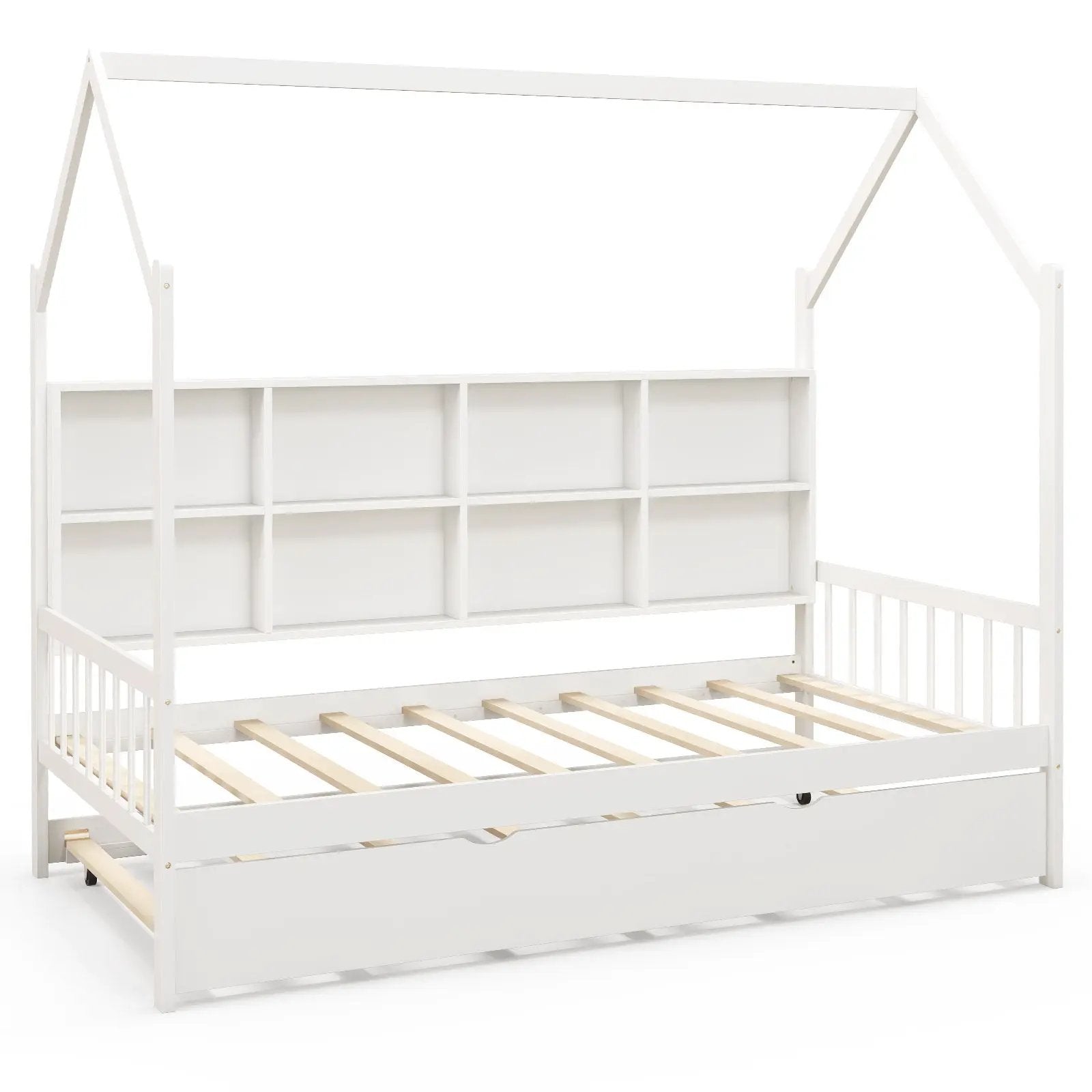 Twin Size Kids Montessori Daybed with Roof and Shelf Compartments-White by DirectDeals