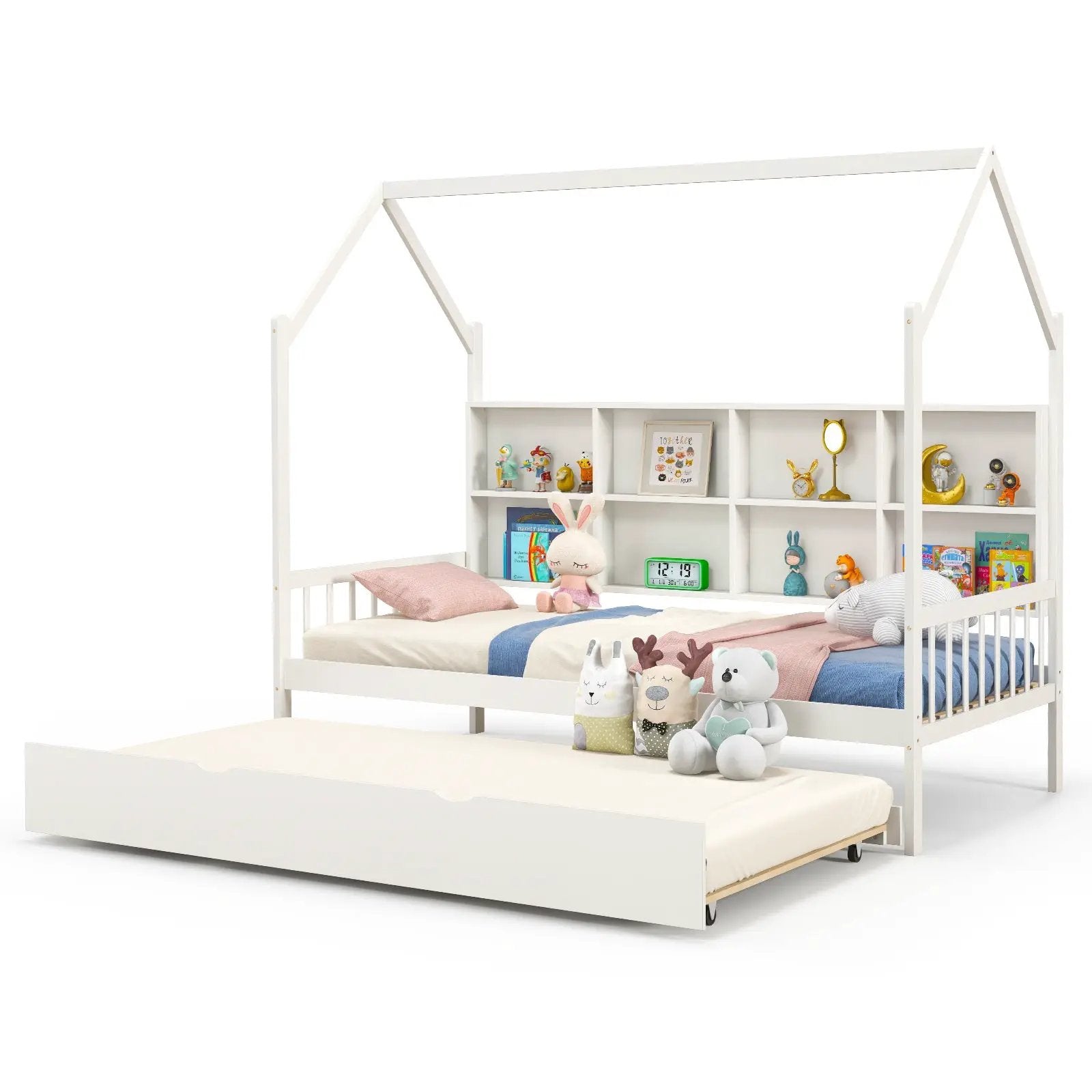 Twin Size Kids Montessori Daybed with Roof and Shelf Compartments-White by DirectDeals