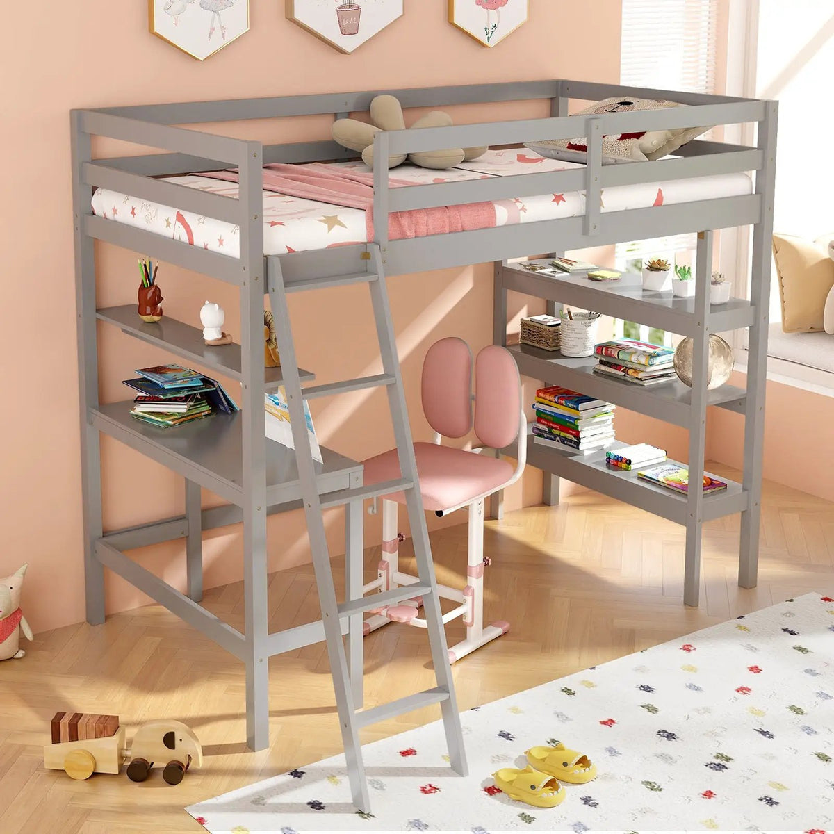 Twin Size Loft Bed with Desk and Bookshelves for Kids and Teens, photo 2 of 9