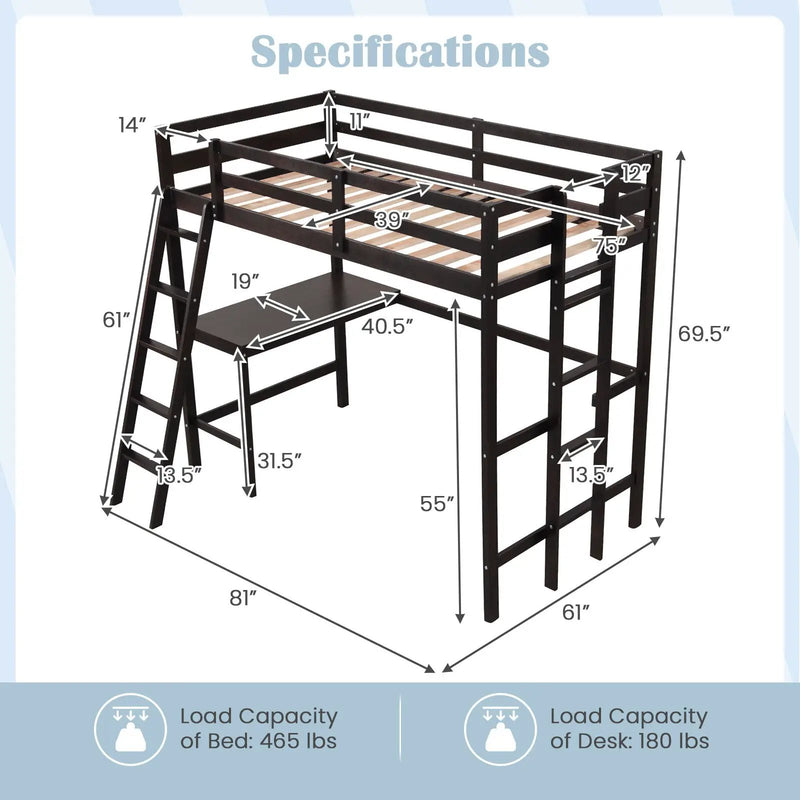 Twin Size Loft Bed Frame with Desk Angled and Built-in Ladder by DirectDeals