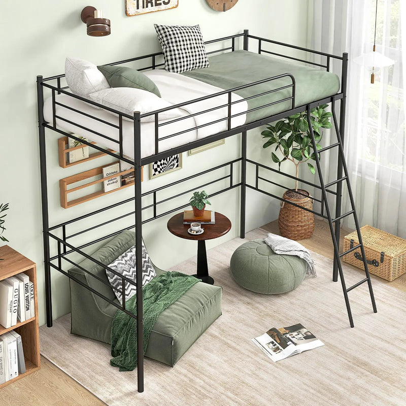 Twin Size Loft Bed Metal Bed Frame with Ladder and Guardrails-Black by DirectDeals