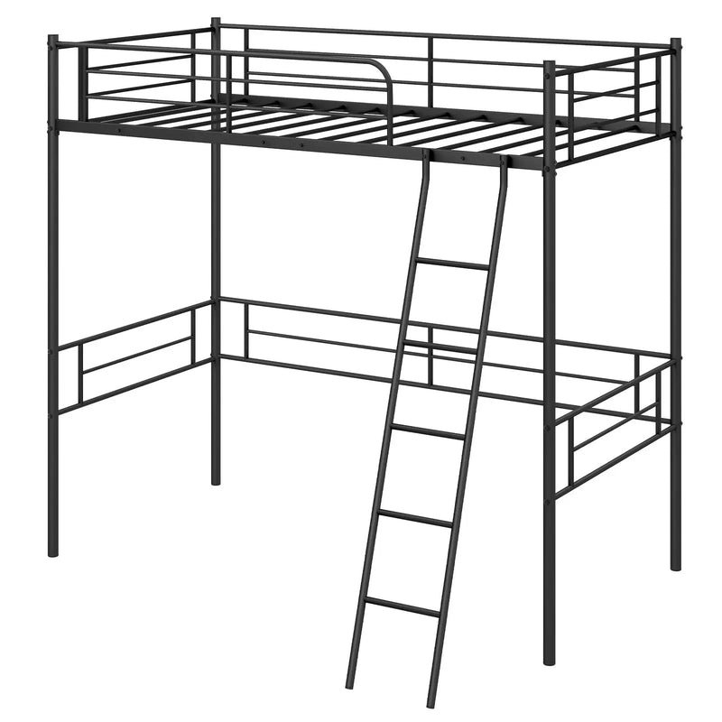 Twin Size Loft Bed Metal Bed Frame with Ladder and Guardrails-Black by DirectDeals