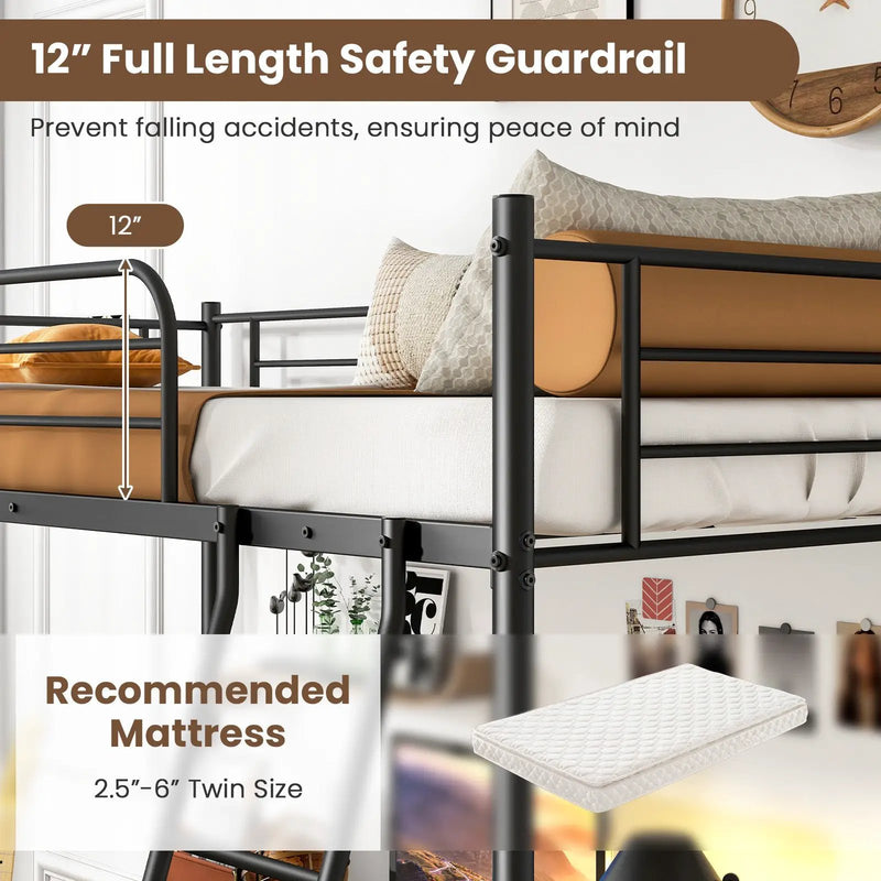 Twin Size Loft Bed Metal Bed Frame with Ladder and Guardrails-Black by DirectDeals