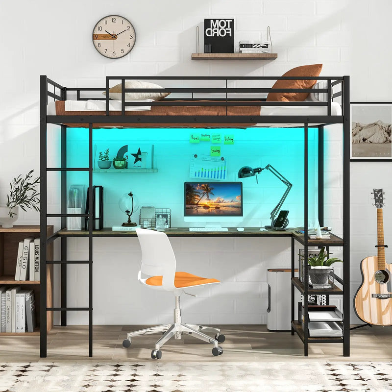 Twin Size Loft Bed Raised Platform Bed with Desk and 2 Storage Shelves-Black by DirectDeals
