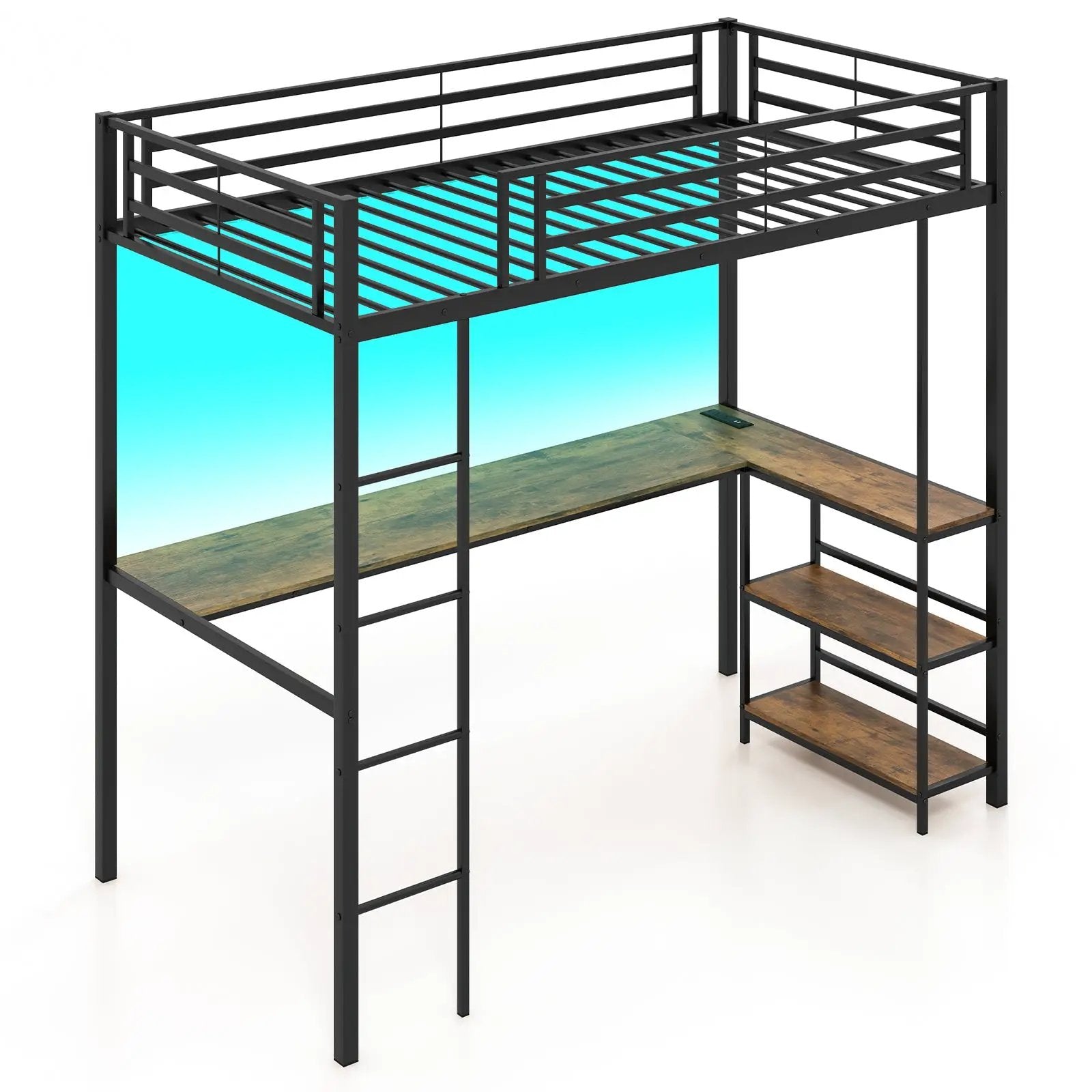 Twin Size Loft Bed Raised Platform Bed with Desk and 2 Storage Shelves-Black by DirectDeals