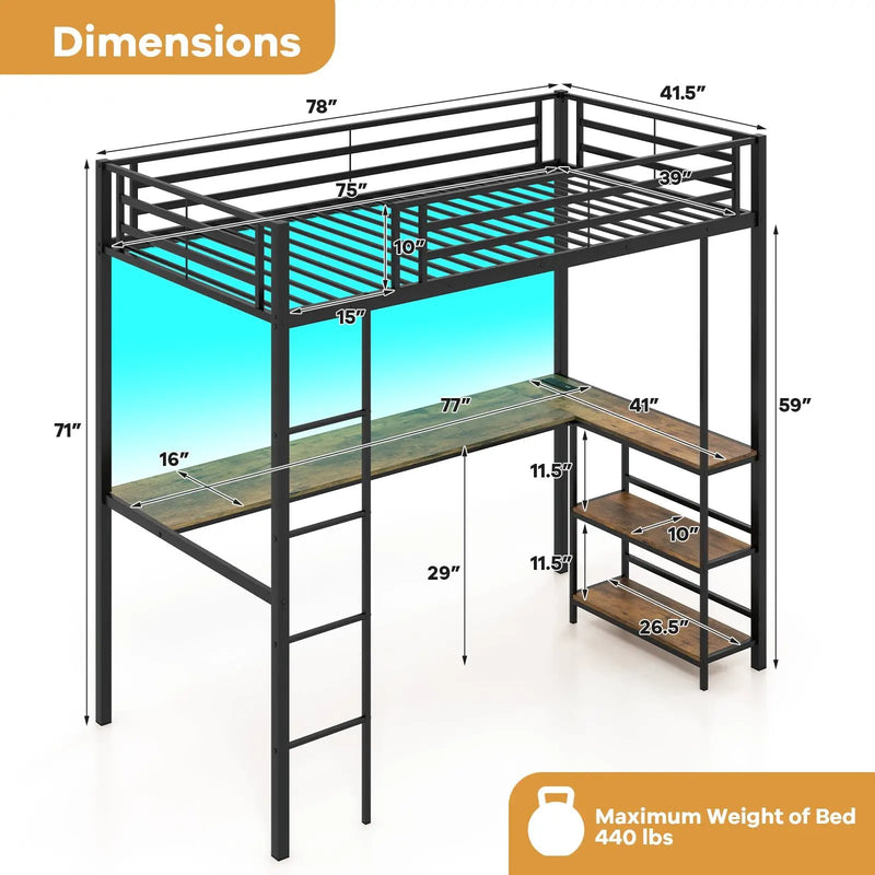 Twin Size Loft Bed Raised Platform Bed with Desk and 2 Storage Shelves-Black by DirectDeals
