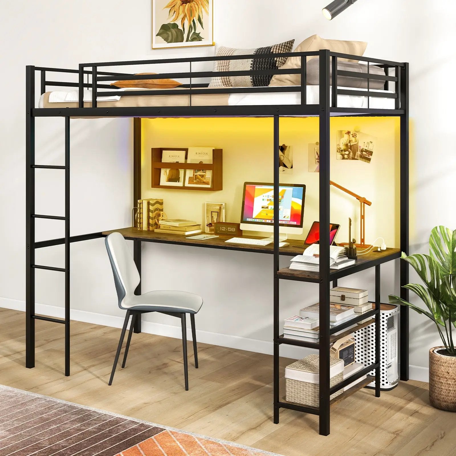 Twin Size Loft Bed Raised Platform Bed with Desk and 2 Storage Shelves-Black by DirectDeals